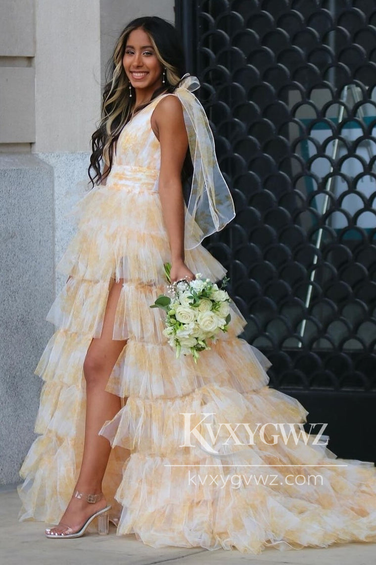 Fairy A Line V-Neck Evening Gown Coral Floral Print Layered Tulle Long Prom Dress with Slit LF1270