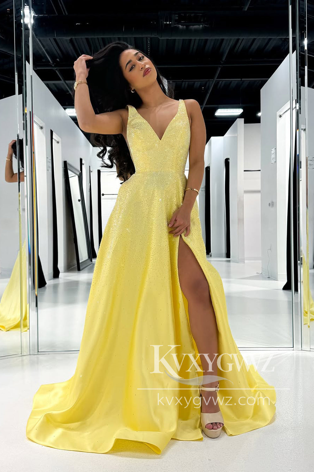 A-Line V Neck Evening Gown Yellow Satin Beads Long Prom Dress with Slit LF1271
