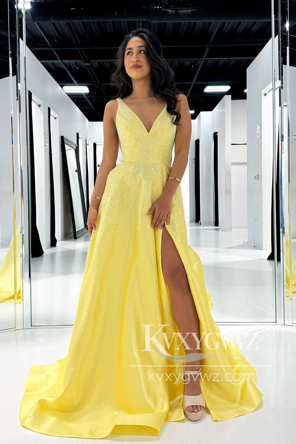 A-Line V Neck Evening Gown Yellow Satin Beads Long Prom Dress with Slit LF1271