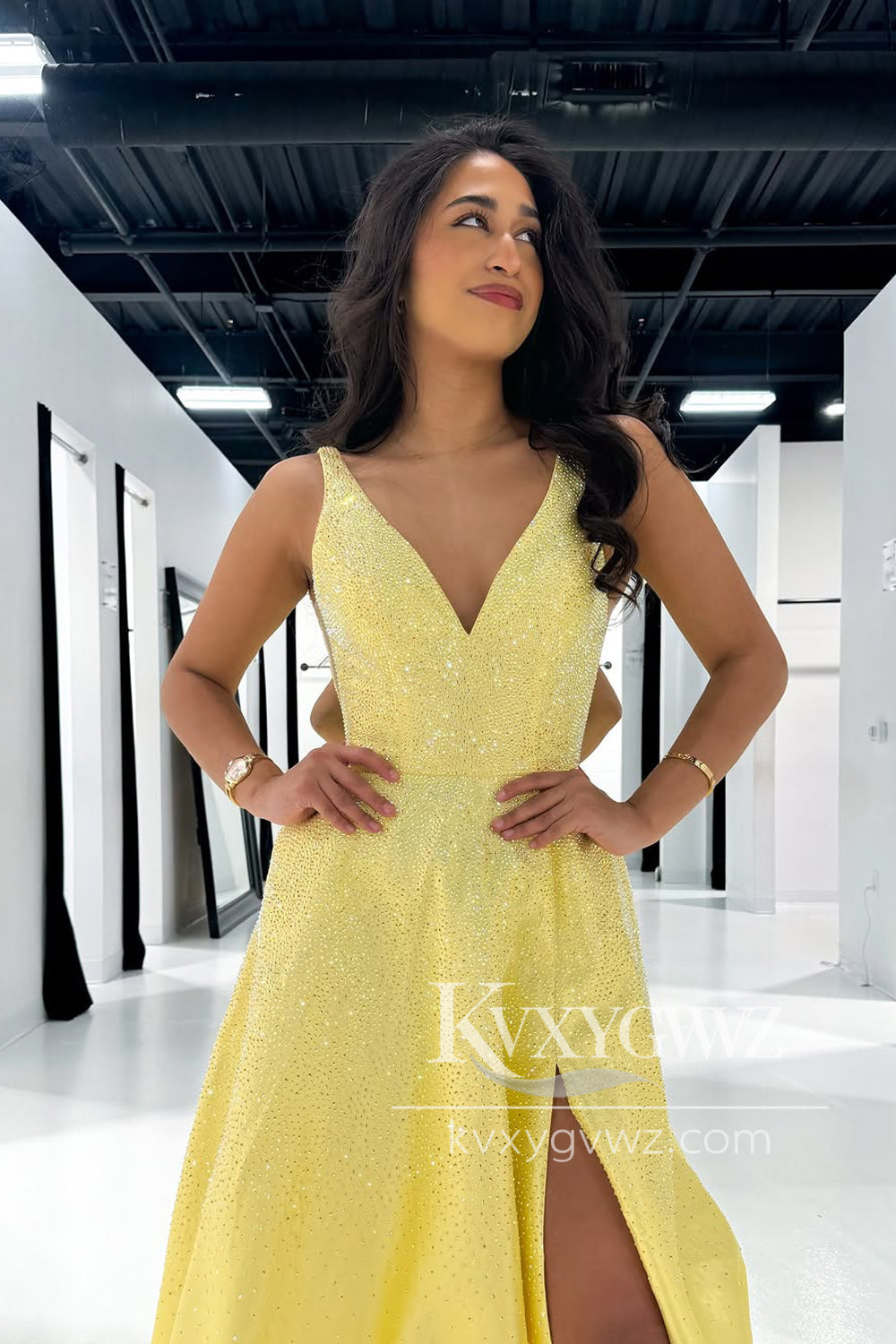 A-Line V Neck Evening Gown Yellow Satin Beads Long Prom Dress with Slit LF1271