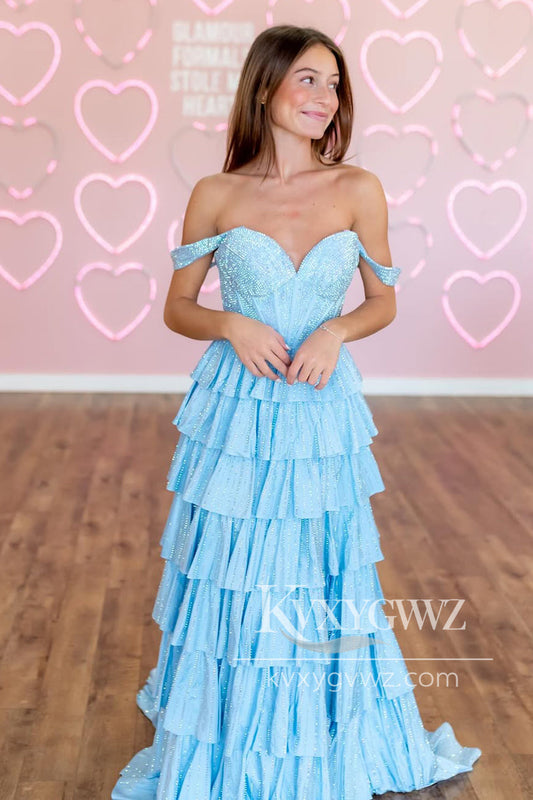 A-Line Off the Shoulder Evening Gown Light Blue Ruffle Tiered Long Prom Dress with Slit LF1272