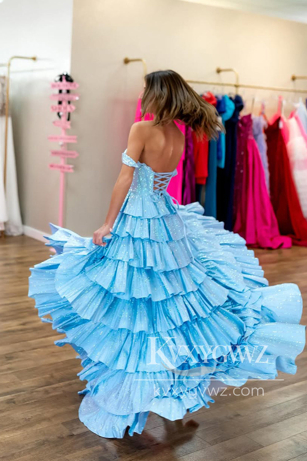 A-Line Off the Shoulder Evening Gown Light Blue Ruffle Tiered Long Prom Dress with Slit LF1272