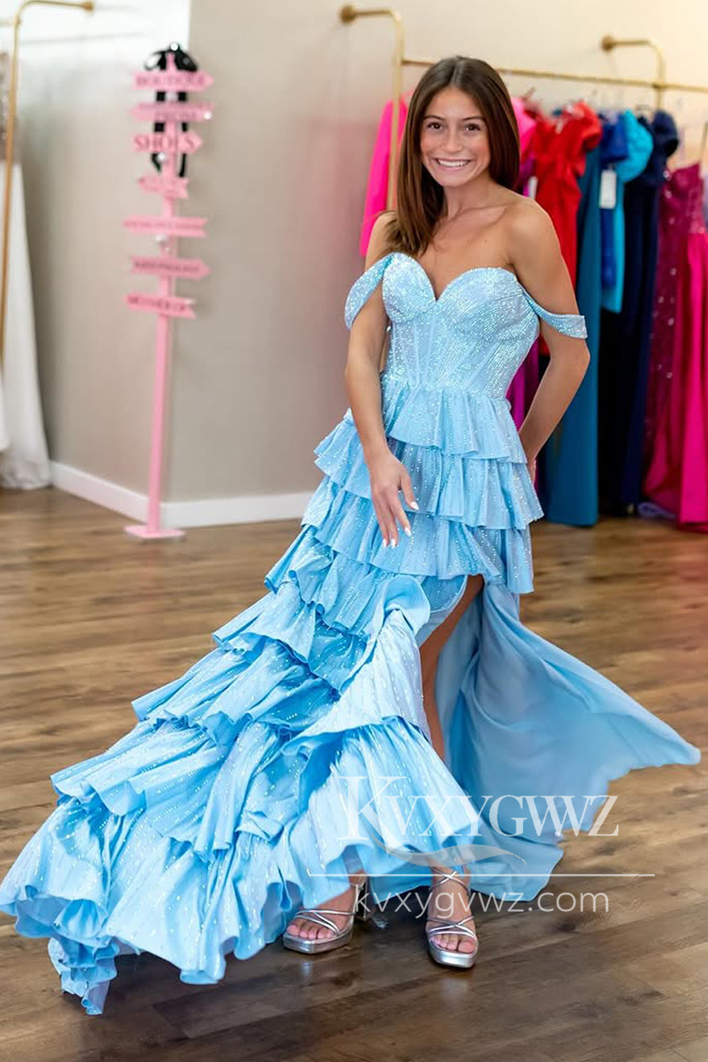 A-Line Off the Shoulder Evening Gown Light Blue Ruffle Tiered Long Prom Dress with Slit LF1272