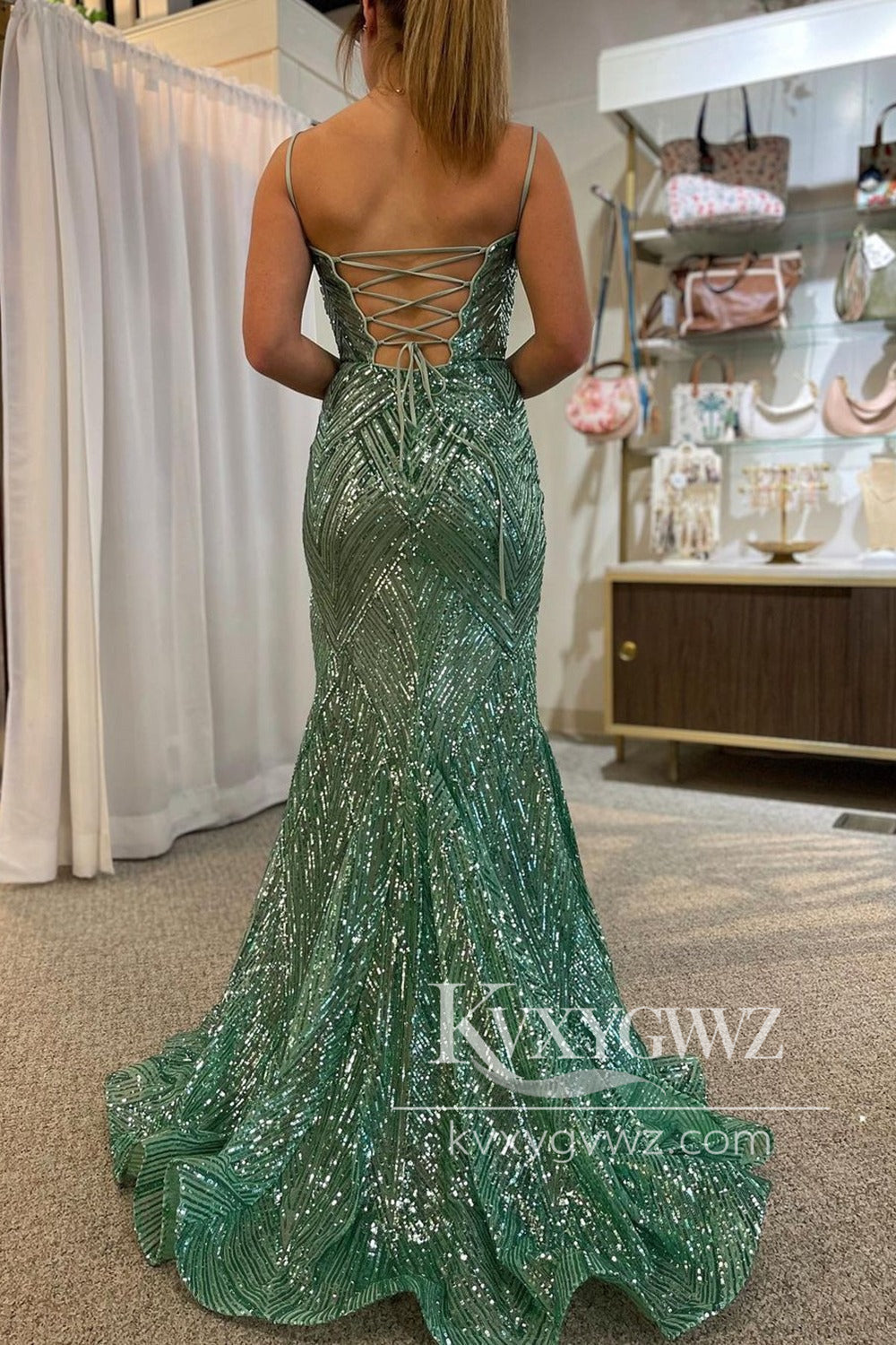 Conspicuous Mermaid Evening Gown Sage Green Sequins Mermaid Prom Dress with Slit LF1273