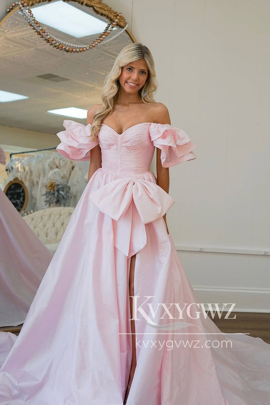 Fairy A Line Off the Shoulder Evening Gown Pink Satin Slit Prom Dress with Bow LF1274