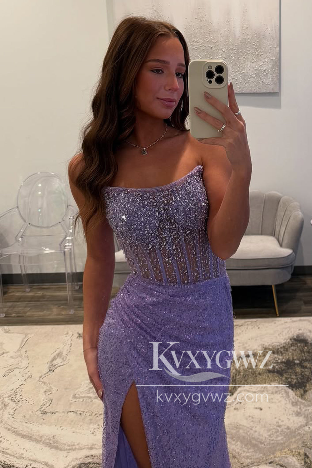 Mermaid Strapless Evening Gown Lavender Sequin Long Prom Dress with Slit LF1278