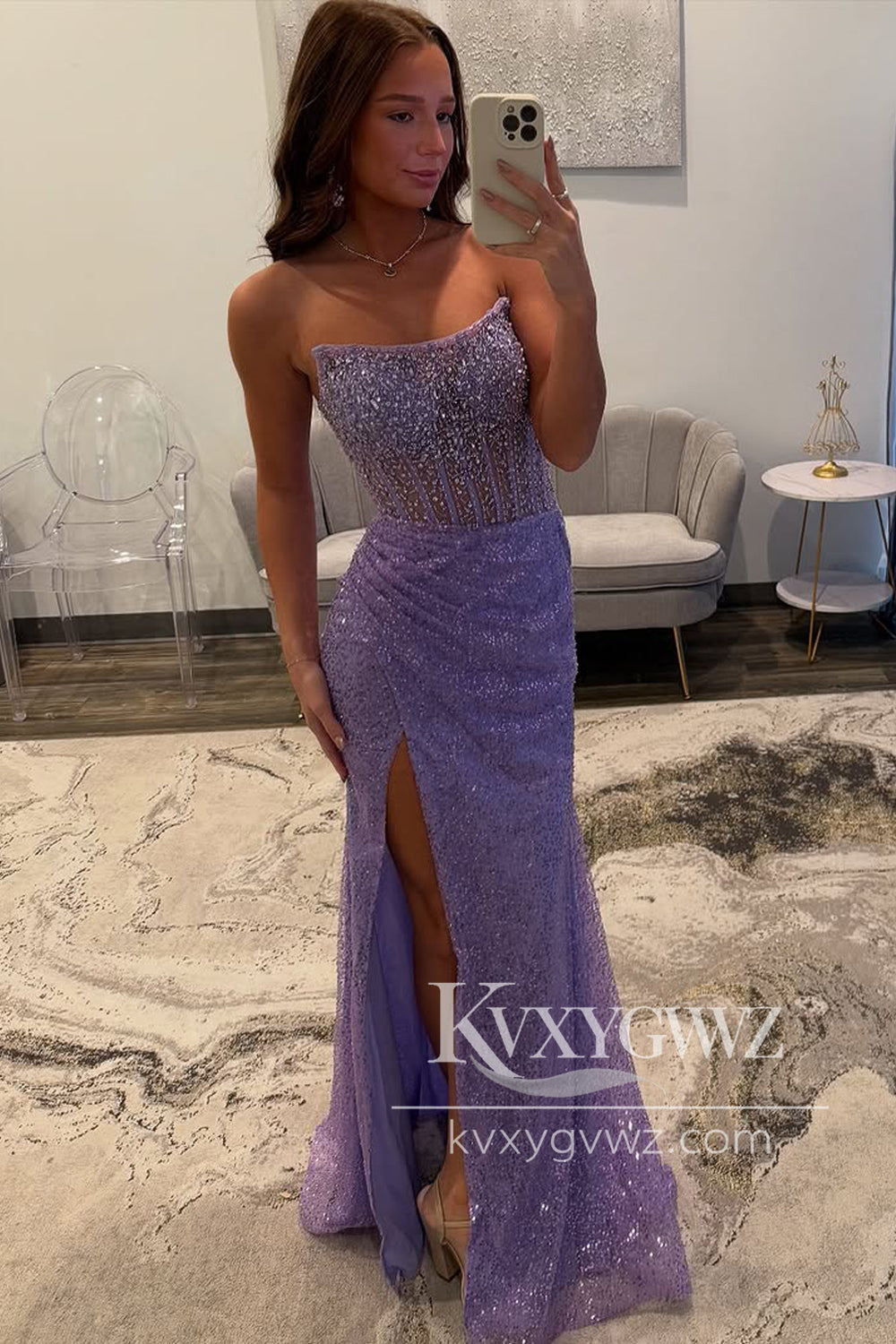 Mermaid Strapless Evening Gown Lavender Sequin Long Prom Dress with Slit LF1278