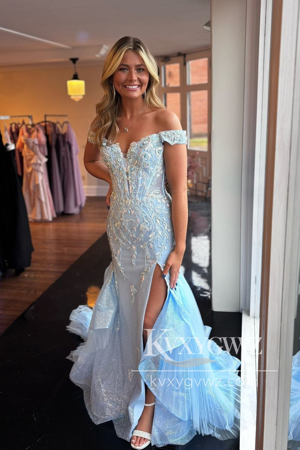 Stunning Mermaid Off the Shoulder Evening Gown Light Blue Lace Prom Dress with Appliques LF1279