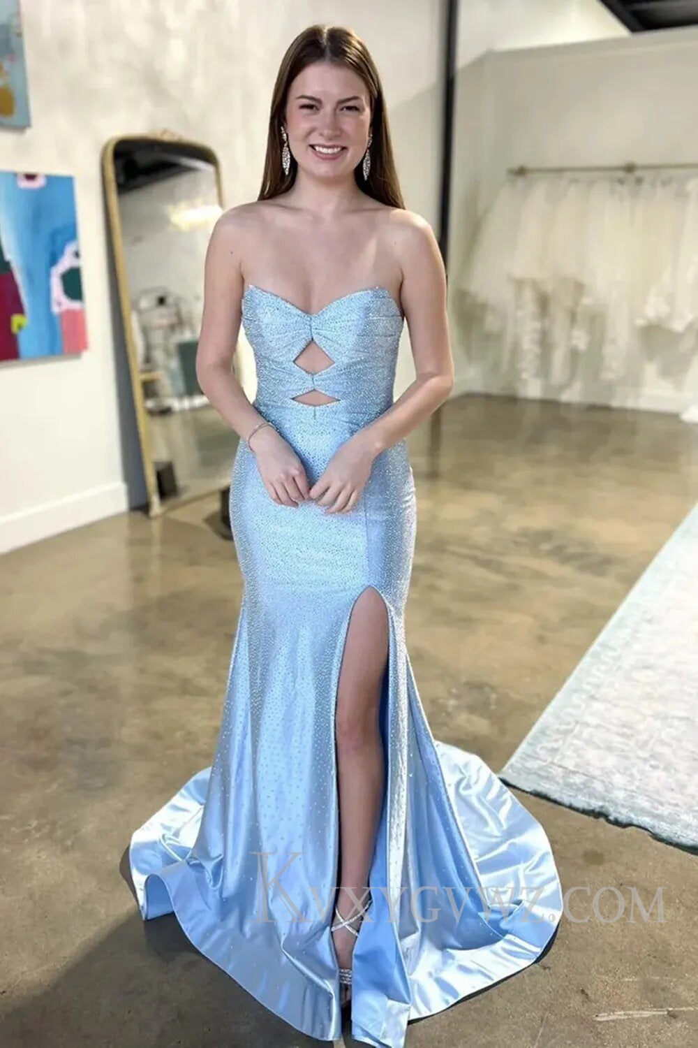 Sparkly Yellow Hollow Out Sweetheart Prom Dress with Slit LF128