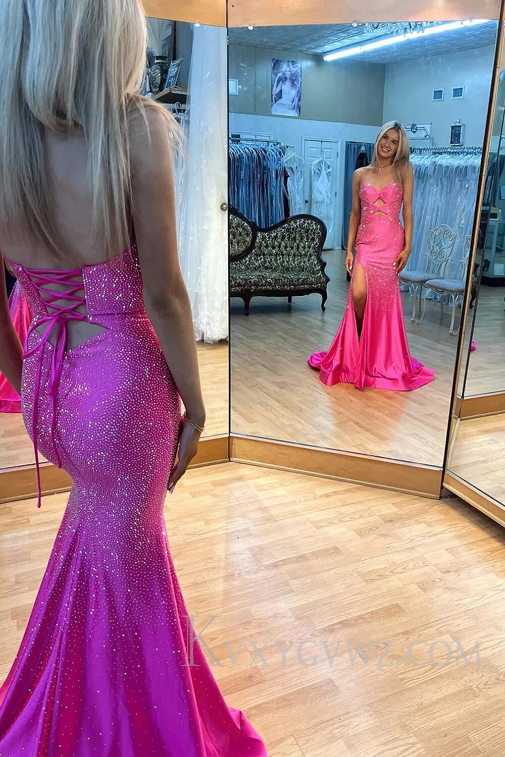 Sparkly Yellow Hollow Out Sweetheart Prom Dress with Slit LF128