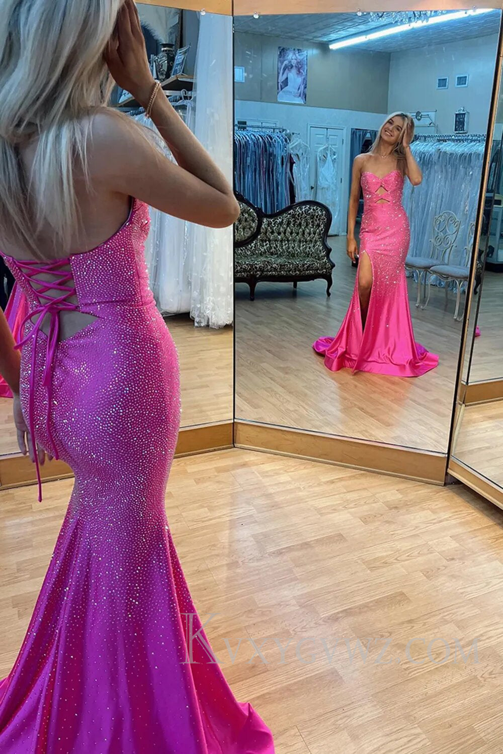 Sparkly Yellow Hollow Out Sweetheart Prom Dress with Slit LF128
