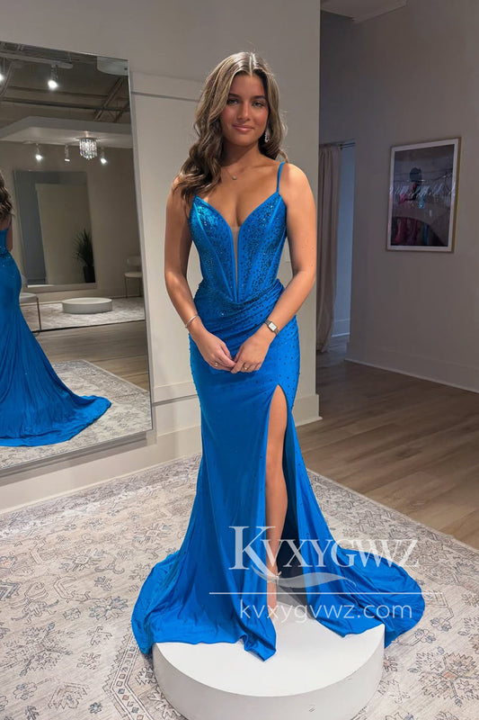 Mermaid V Neck Royal Blue Evening Gown Satin Slit Prom Dress with Beading LF1280