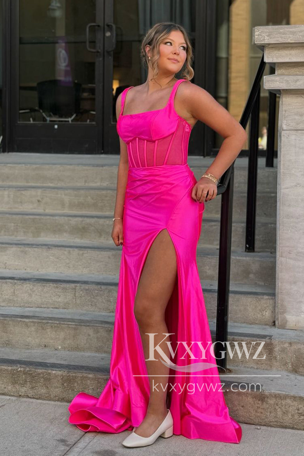 Mermaid Square Neck Evening Gown Satin Pink Slit Prom Dress With Slit LF1281