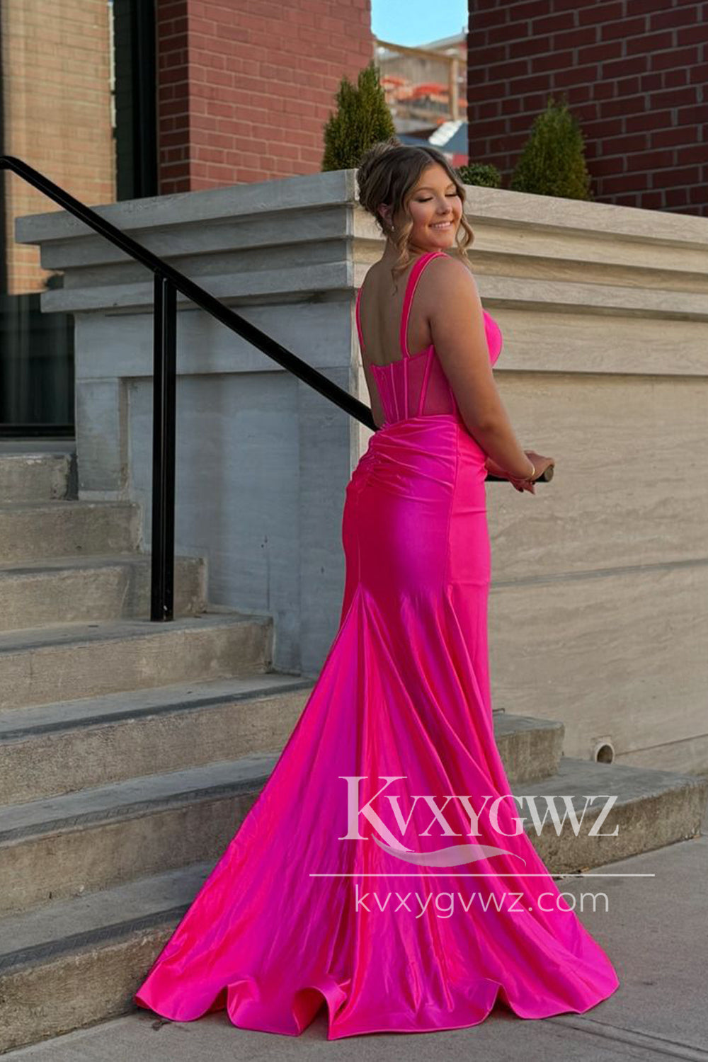Mermaid Square Neck Evening Gown Satin Pink Slit Prom Dress With Slit LF1281