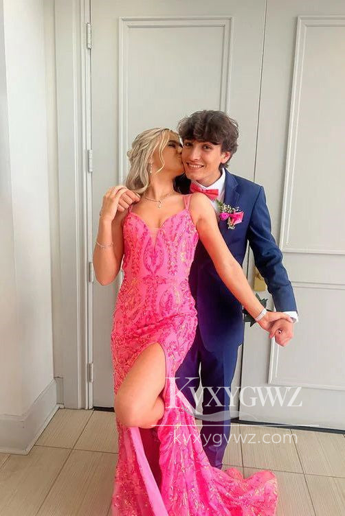 Stunning Mermaid V Neck Evening Gown Pink Sequins Lace Long Prom Dress with Slit LF1283