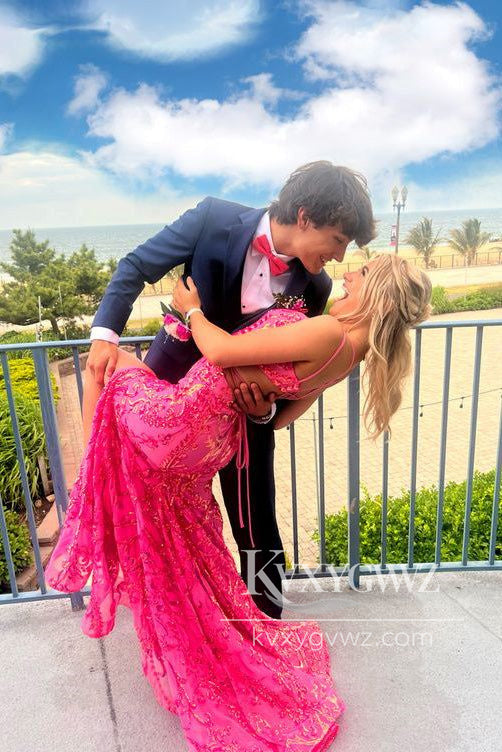 Stunning Mermaid V Neck Evening Gown Pink Sequins Lace Long Prom Dress with Slit LF1283