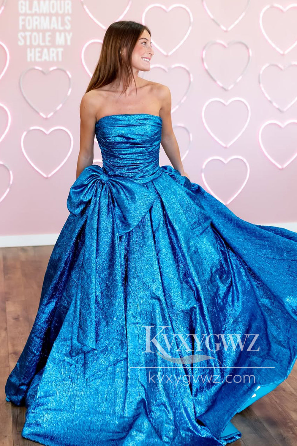 Ball Gown Strapless Blue Satin Evening Gown Long Prom Dress with Bowknot LF1284