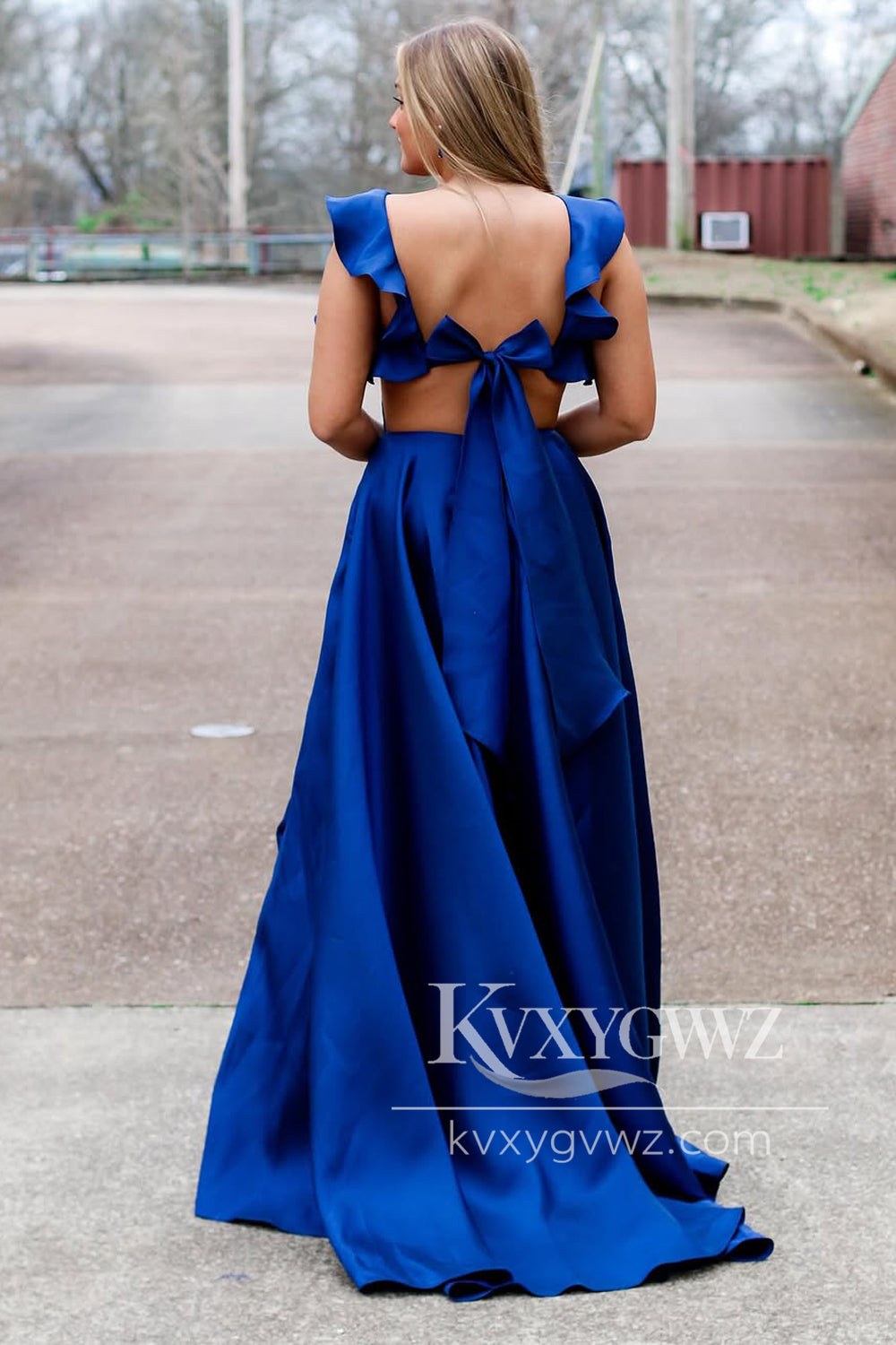 A-Line Square Neck Evening Gown Royal Blue Satin Long Prom Dress with Bowknot LF1286