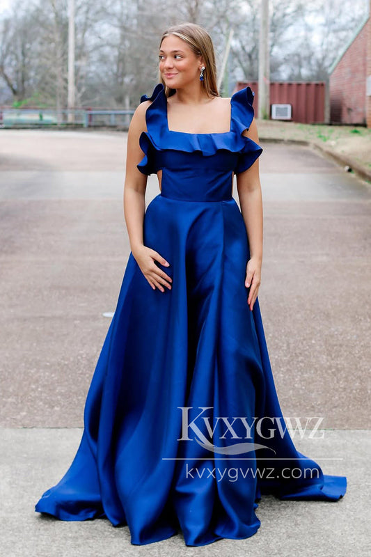 A-Line Square Neck Evening Gown Royal Blue Satin Long Prom Dress with Bowknot LF1286