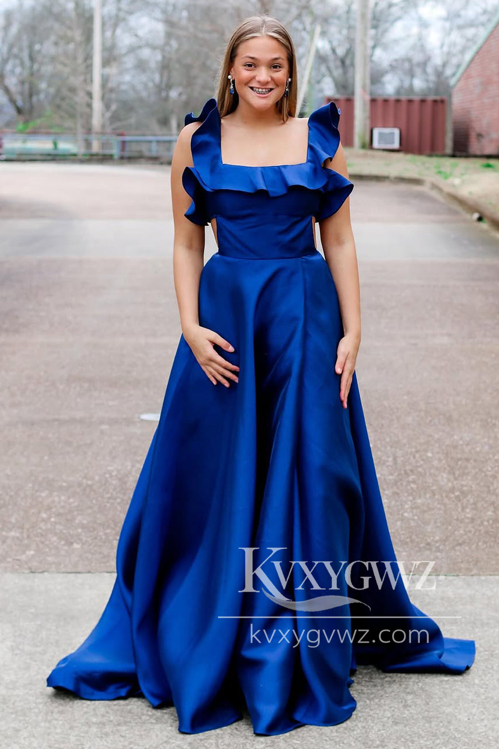 A-Line Square Neck Evening Gown Royal Blue Satin Long Prom Dress with Bowknot LF1286