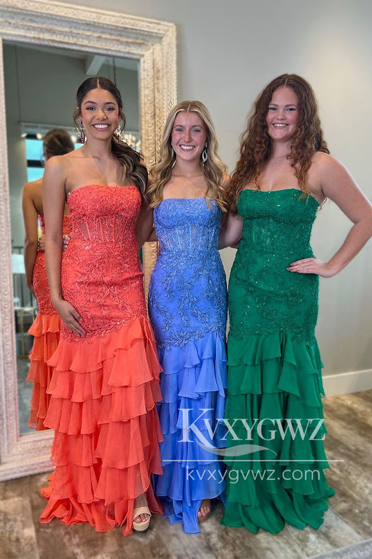 Stunning Sheath Scoop Neck Evening Gown Chiffon Tiered Slit Prom Dress with Appliques LF1287