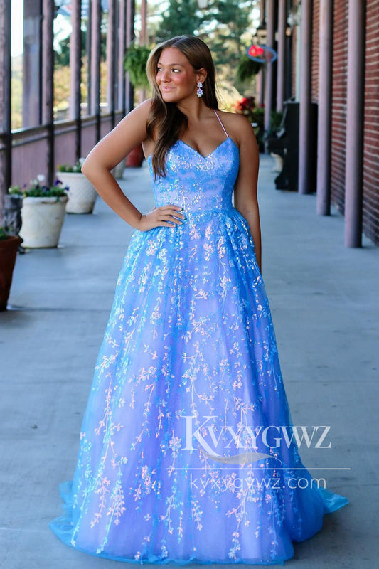 Stunning A Line Straps Evening Gown Light Blue Sequins Prom Dress LF1289