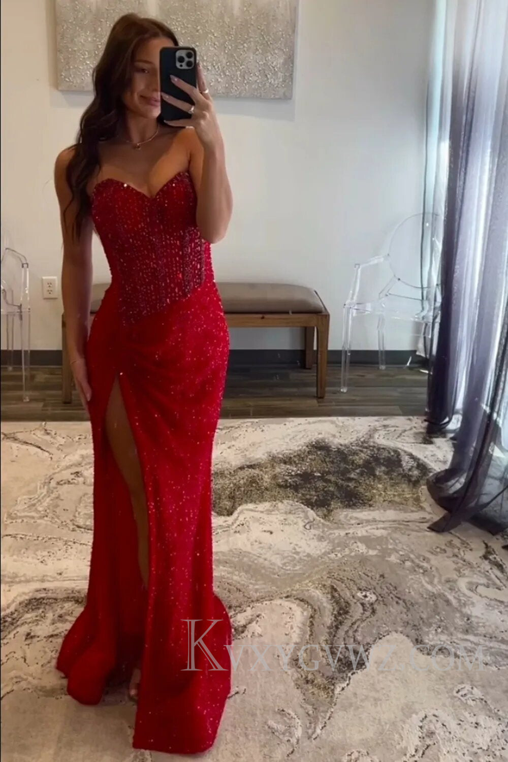 Sparkly Beaded Blue Sweetheart Long Prom Dress with Slit LF129