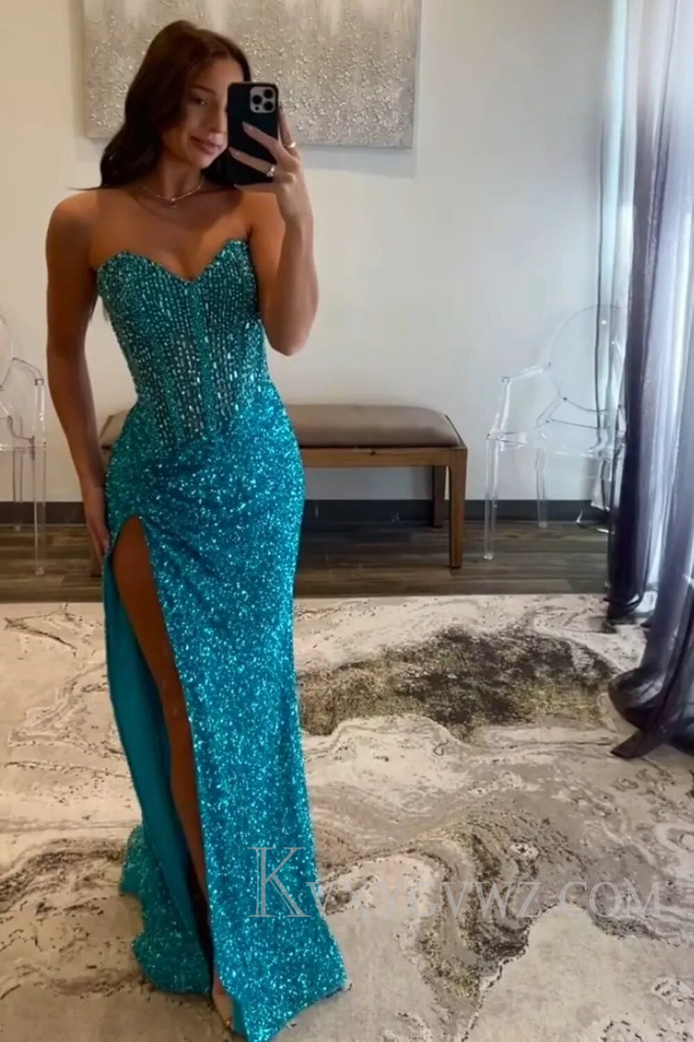 Sparkly Beaded Blue Sweetheart Long Prom Dress with Slit LF129