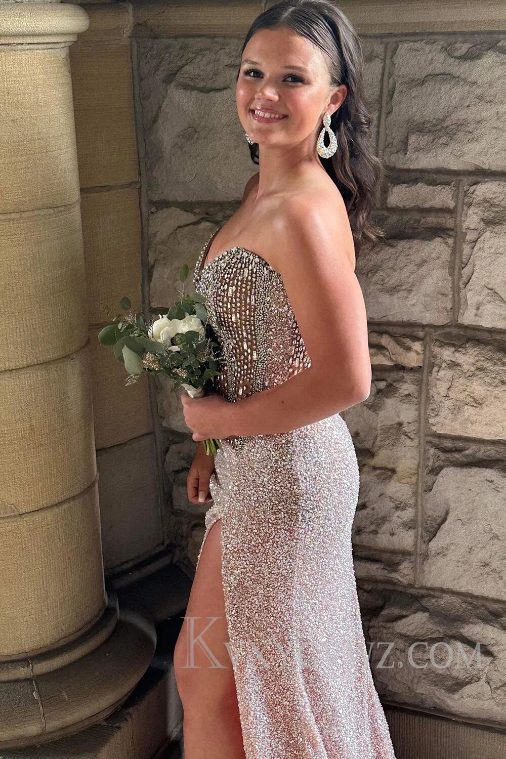 Sparkly Beaded Blue Sweetheart Long Prom Dress with Slit LF129