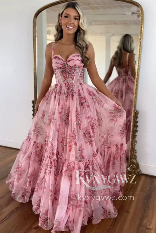 Fairy A Line Sweetheart Evening Gown Blush Floral Printed Chiffon Long Prom Dress LF1290