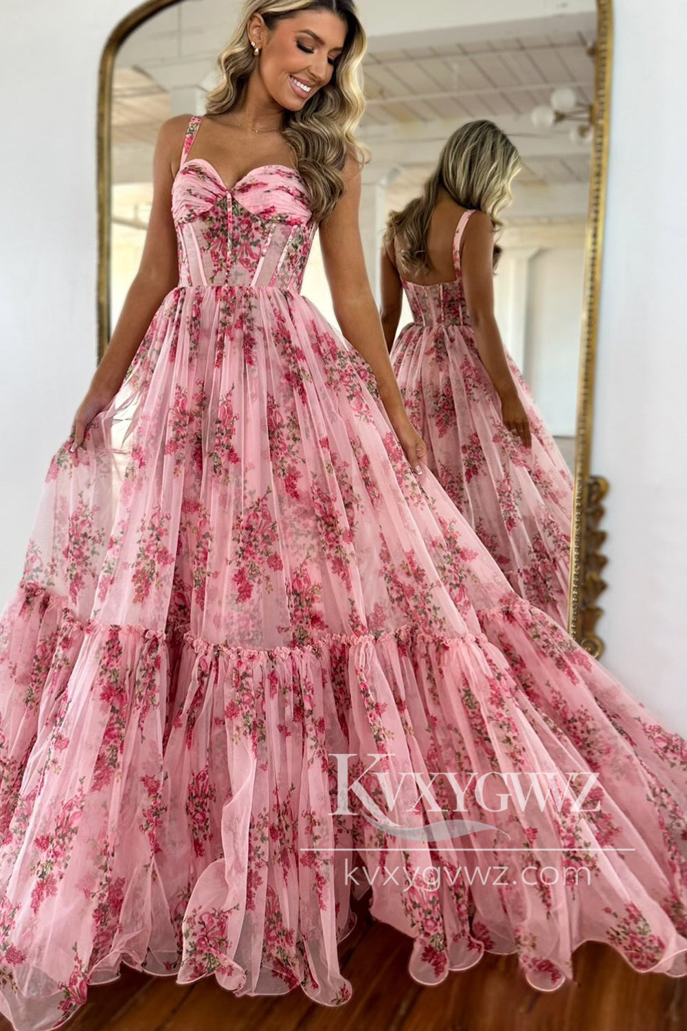 Fairy A Line Sweetheart Evening Gown Blush Floral Printed Chiffon Long Prom Dress LF1290