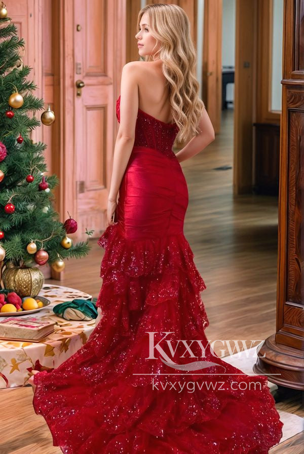 Conspicuous Mermaid Sweetheart Evening Gown Dark Red Satin Tiered Prom Dress LF1291