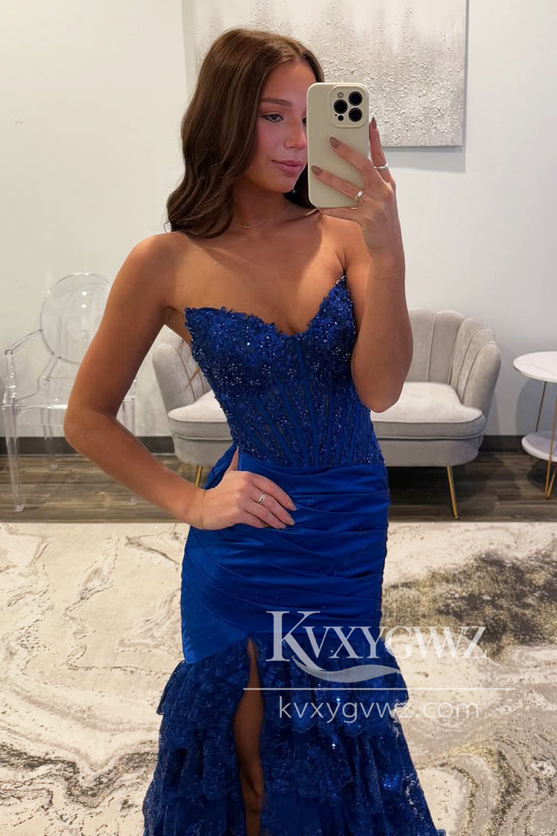 Conspicuous Mermaid Sweetheart Evening Gown Dark Red Satin Tiered Prom Dress LF1291