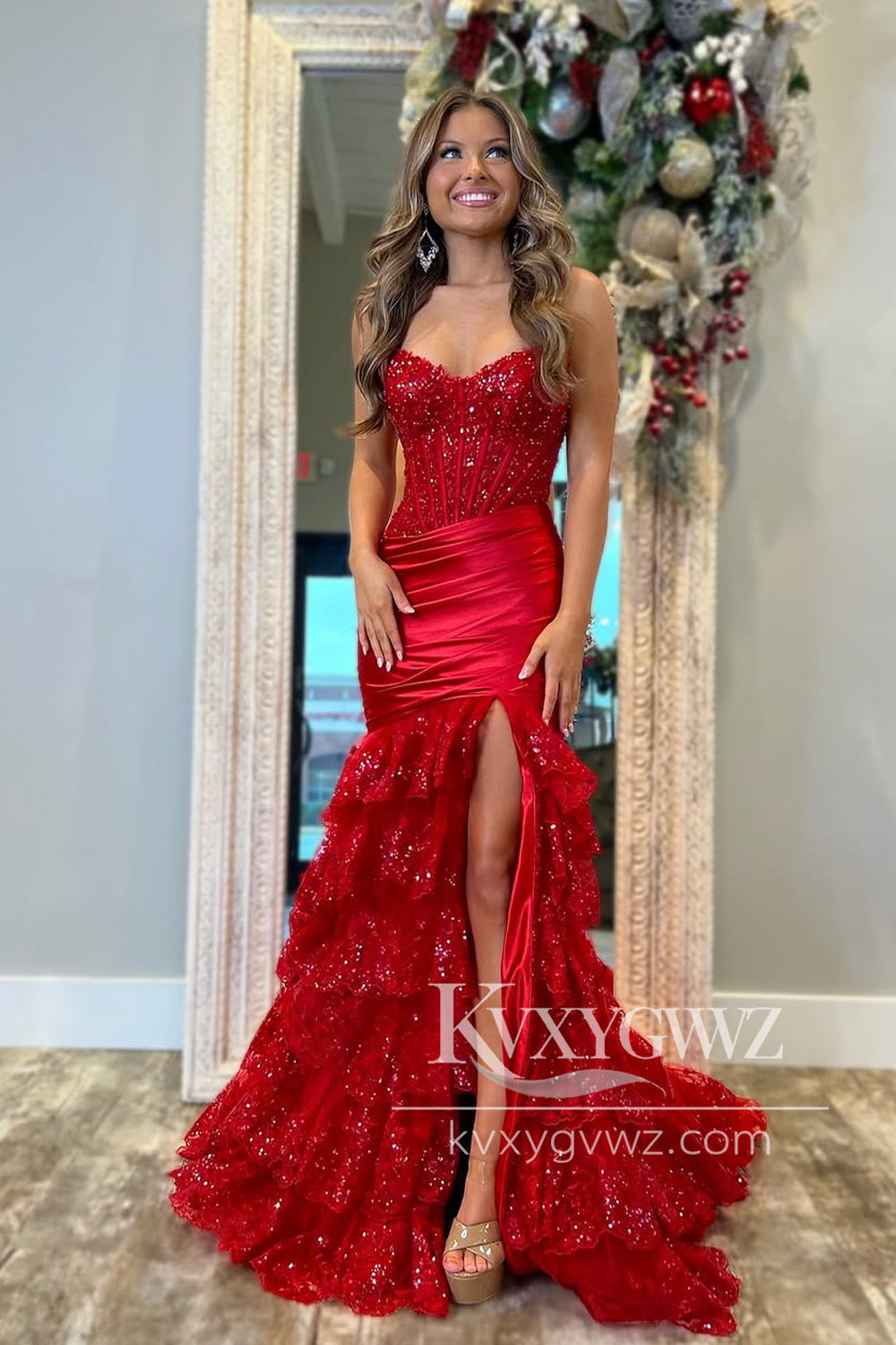 Conspicuous Mermaid Sweetheart Evening Gown Dark Red Satin Tiered Prom Dress LF1291