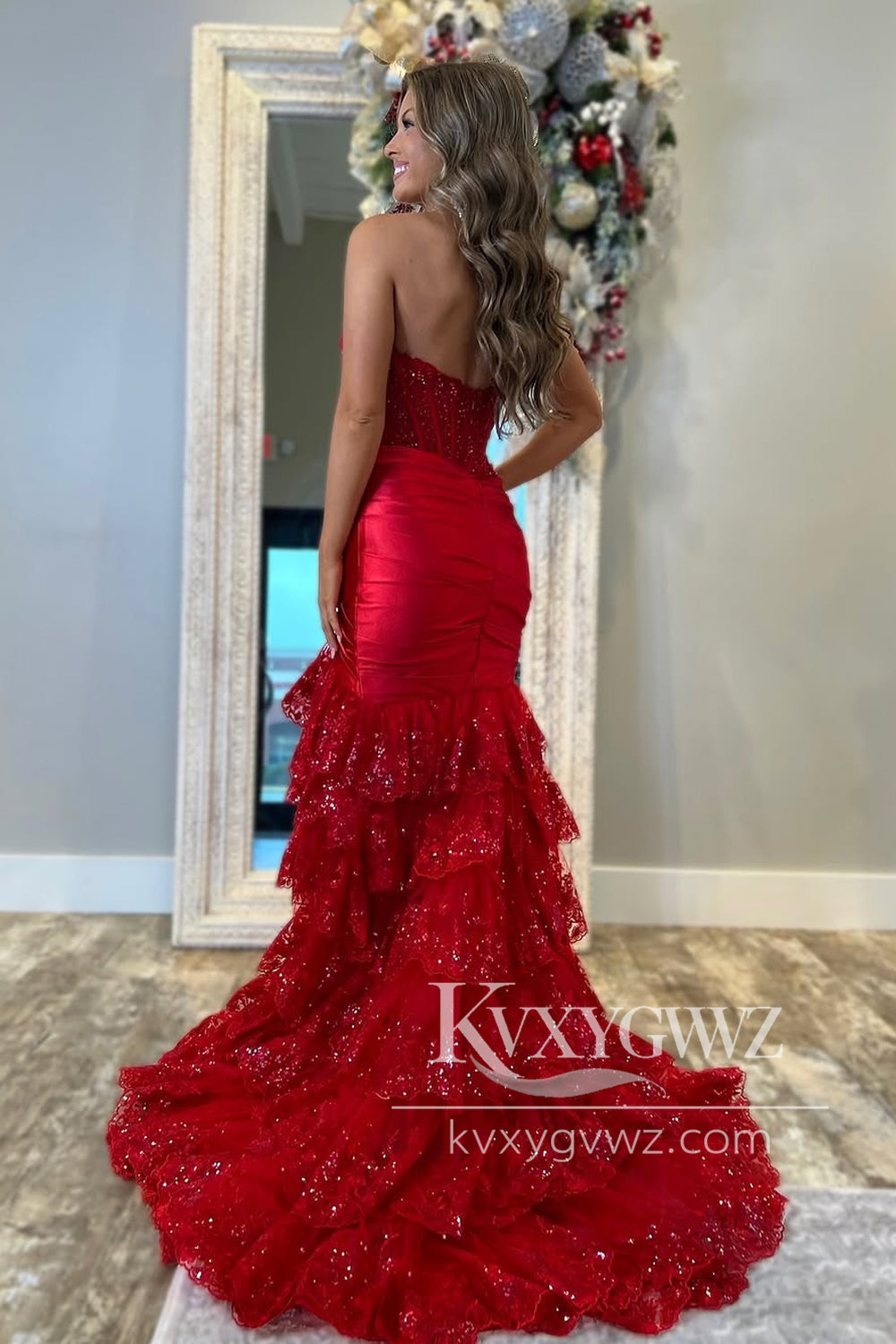 Conspicuous Mermaid Sweetheart Evening Gown Dark Red Satin Tiered Prom Dress LF1291