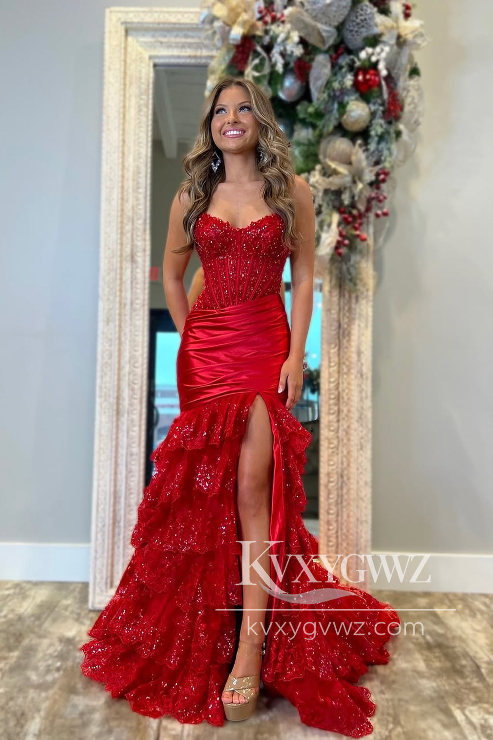 Conspicuous Mermaid Sweetheart Evening Gown Dark Red Satin Tiered Prom Dress LF1291