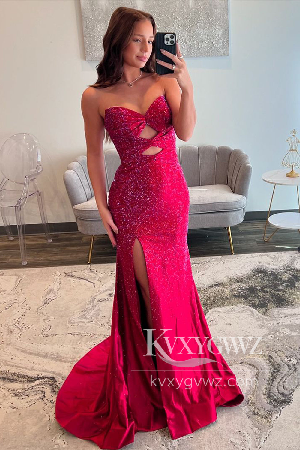 Glamorous Mermaid Evening Gown Sweetheart Satin Slit Prom Dress with Beading LF1292