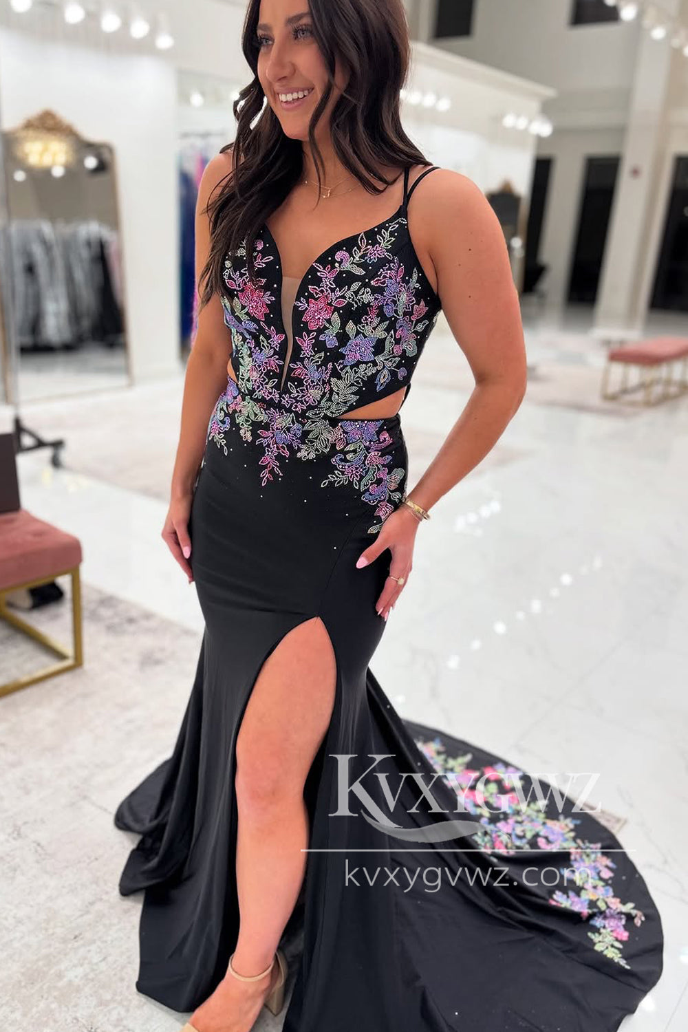 Mermaid V Neck Evening Gown Black Satin Embroidery Long Prom Dress with Slit LF1295