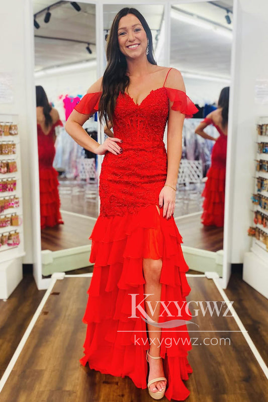 Fairy Mermaid V Neck Evening Gown Red Chiffon Tiered Long Prom Dress with Appliques LF1296