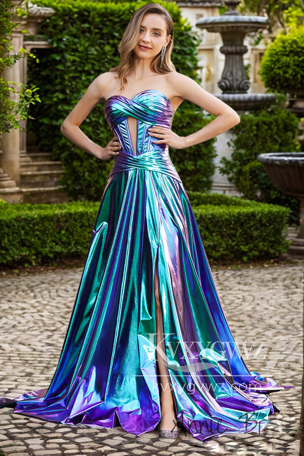 A Line Sweetheart Evening Gown Metallic Satin Sweep Train Prom Dress with Sit LF1298
