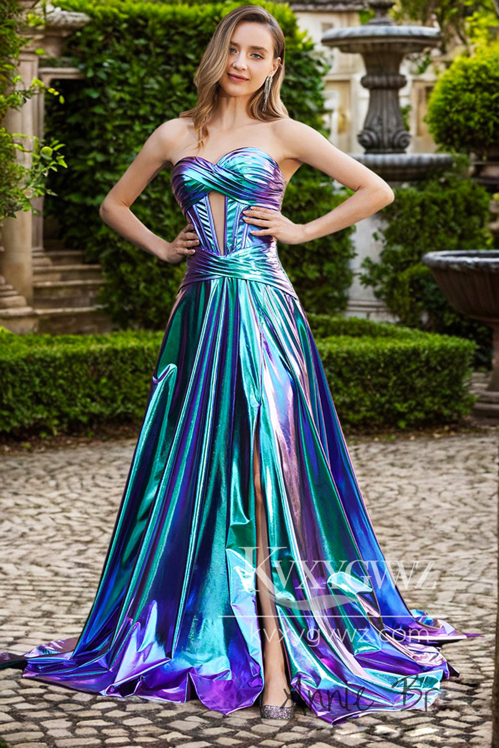 A Line Sweetheart Evening Gown Metallic Satin Sweep Train Prom Dress with Sit LF1298