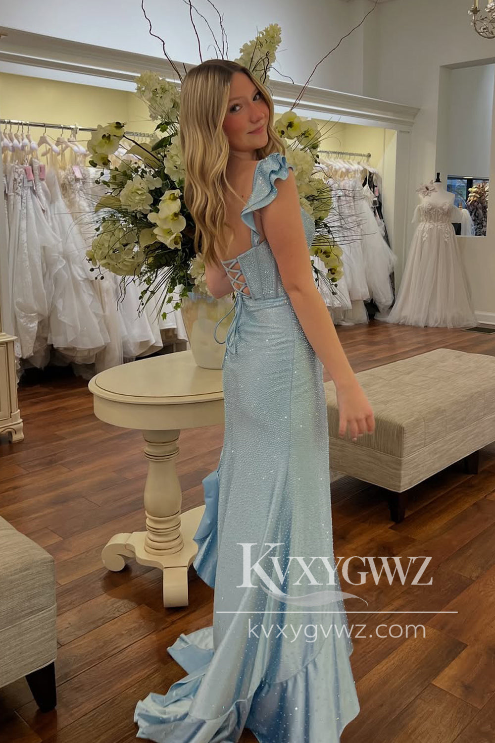Glamorous Mermaid Sweetheart Evening Gown Light Blue Beading Long Prom Dress with Ruffled Slit LF1299