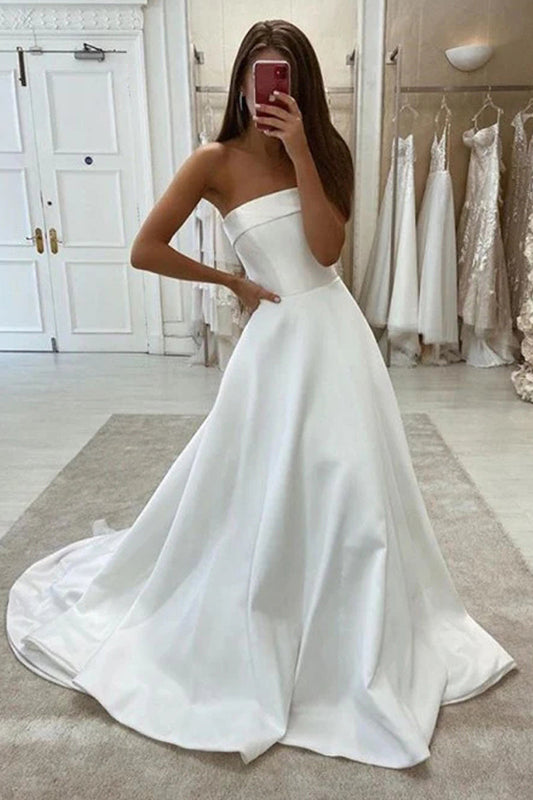 Elegant Strapless Ball Gown White Satin Wedding Dresses/Gowns HS0801003