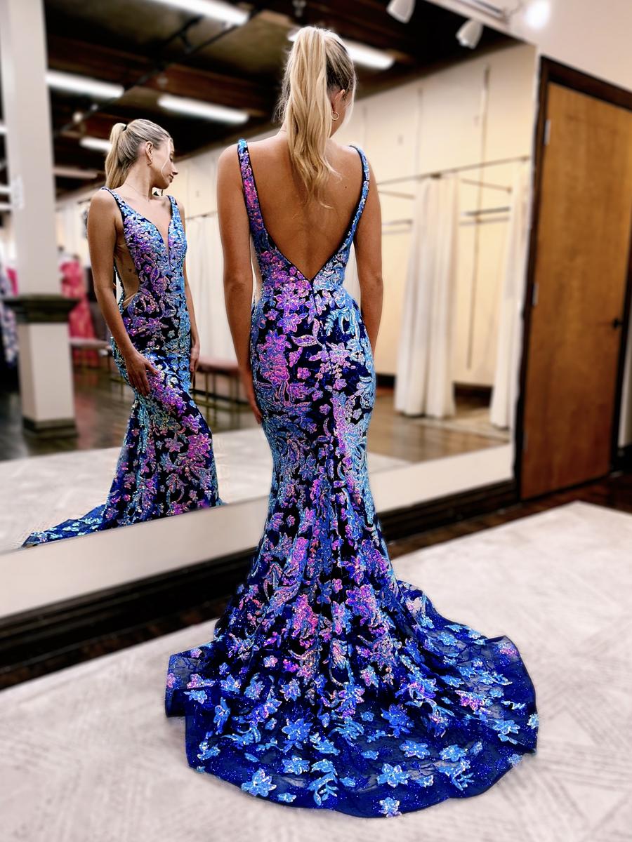 Conspicuous Mermaid V Neck Magic Purple Sequins Lace Prom Dress Gown LF1189