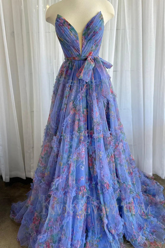 Pink Sweetheart A-Line Floral Long Tulle Prom Dress with Slit LF013