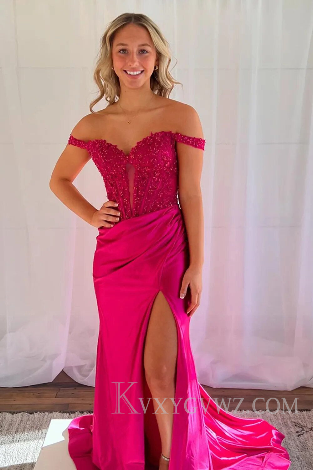 Fuchsia Mermaid Off the Shoulder Corset Prom Dress with Appliques LF130