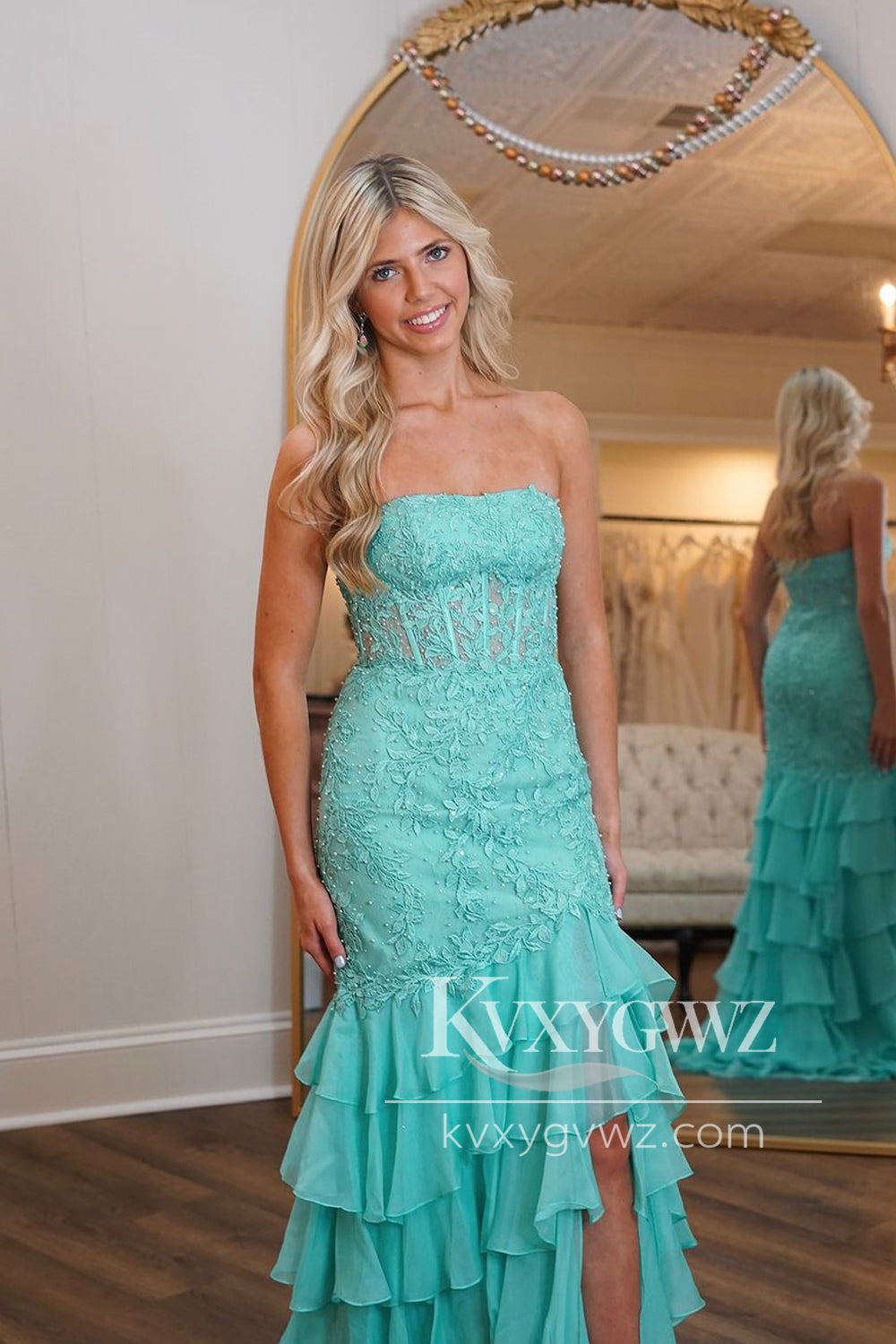 Stunning Mermaid Strapless Evening Gown Mint Chiffon Prom Dress with Appliques LF1301