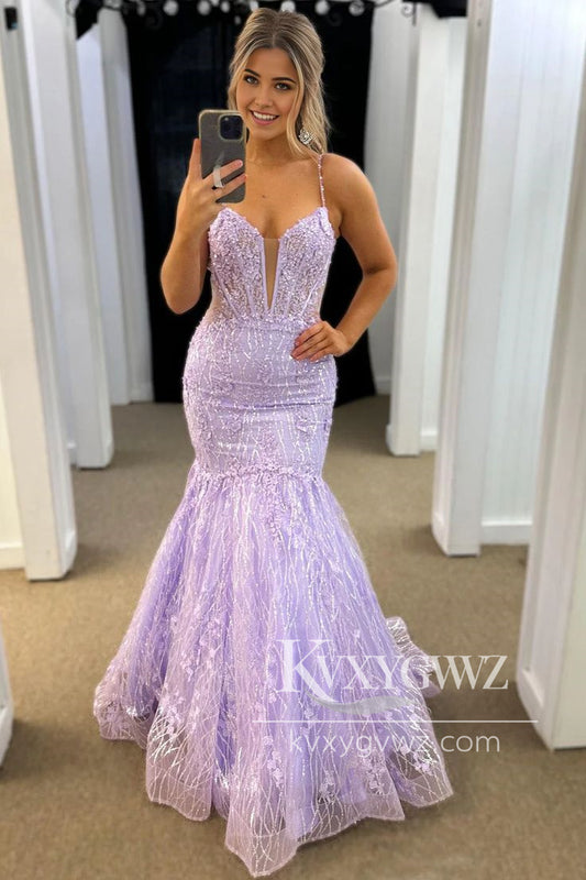 Stunning Spaghetti Strap Mermaid Evening Gown V Neck Lavender Tulle Prom Dress LF1302
