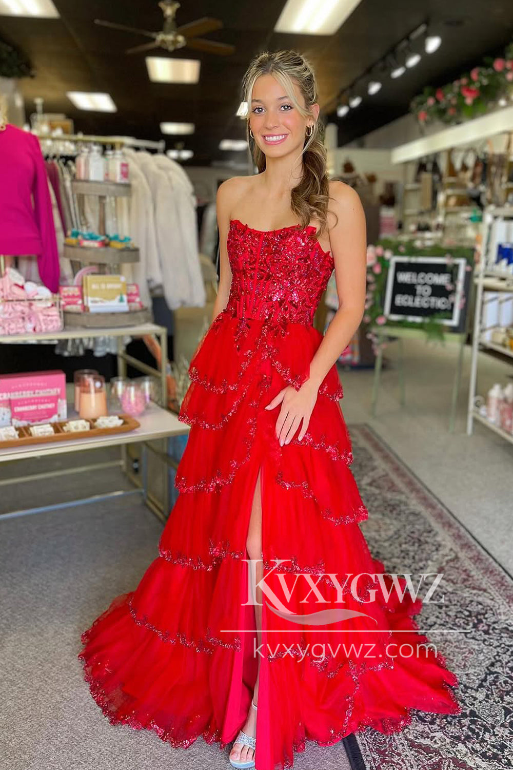 Stunning A Line Strapless Evening Gown Red Tulle Tiered Prom Dress with Appliques LF1304