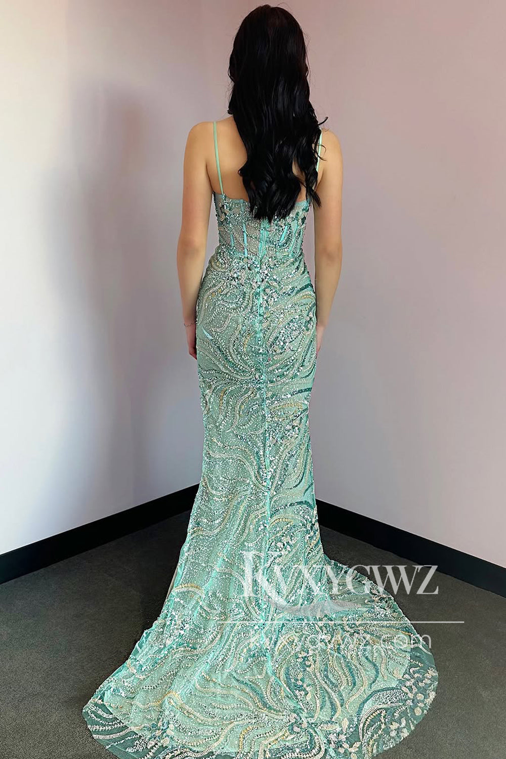 Mermaid V Neck Evening Gown Mint Sequin Lace Sweep Train Long Prom Dress with Slit LF1305